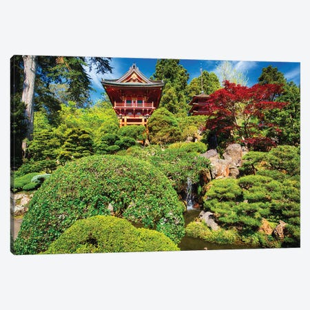 Traditional Japanese Pavilions In A Garden With A Small Waterfall Canvas Print #GOZ574} by George Oze Canvas Wall Art