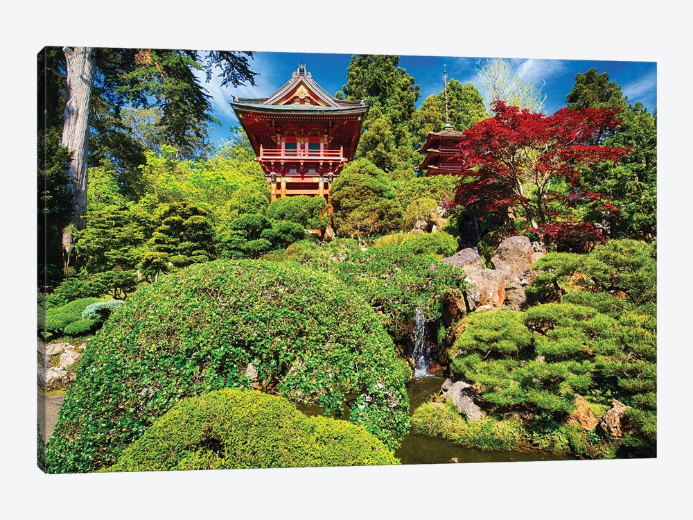 Traditional Japanese Pavilions In A Garden With A Small Waterfall by George Oze 1-piece Canvas Art
