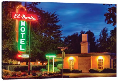 Neon Lights Of A Roadside Motel, El Bonita, St Helena, Napa Valley, California Canvas Art Print - Napa Valley