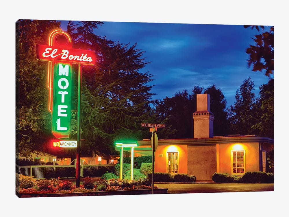 Neon Lights Of A Roadside Motel, El Bonita, St Helena, Napa Valley, California by George Oze 1-piece Canvas Print