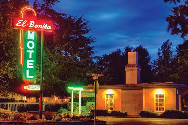 Napa Valley: Neon Lights Of A Roadside Motel, El Bonita, St Helena, Napa Valley, California by George Oze
