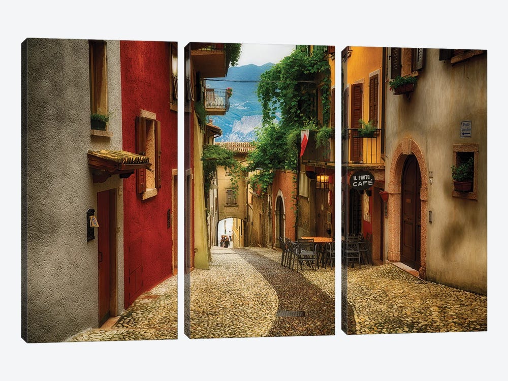 Colorful Street In Malcesine, Lake Garda, Lombardy, Italy by George Oze 3-piece Canvas Art