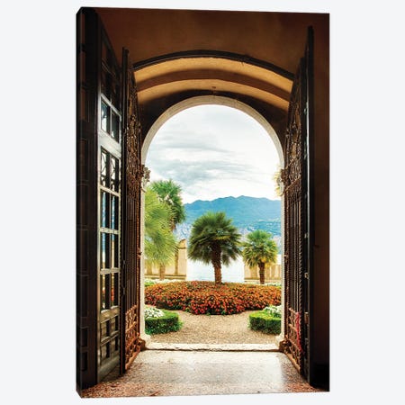 Garden View Through A Villa Door, Lake Garda, Italy Canvas Print #GOZ604} by George Oze Canvas Wall Art