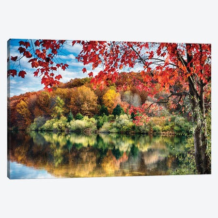 Colorful Trees  Reflections in a Lake, Round Valley Reservoir, Hunterdon County, New Jersey Canvas Print #GOZ60} by George Oze Canvas Print