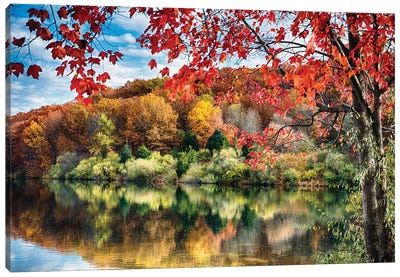 Colorful Trees  Reflections in a Lake, Round Valley Reservoir, Hunterdon County, New Jersey Canvas Art Print - George Oze