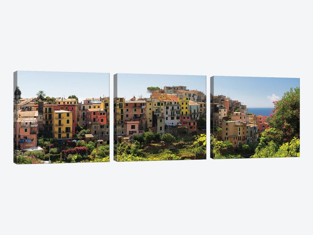 Panoramic View Of A  Coastal Towm, Corniglia, Cinque Terre, Liguria, Italy by George Oze 3-piece Canvas Art Print