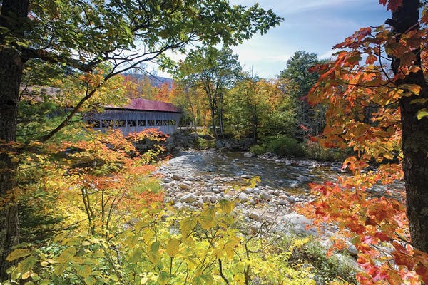 George Oze: Colorful Fall Foliage At The  Albany Bridge, New Hampshire by George Oze