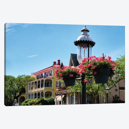 Gas Lamp With Red Potted Flowers On A Street, Cape May, New Jersey Canvas Print #GOZ632} by George Oze Canvas Artwork