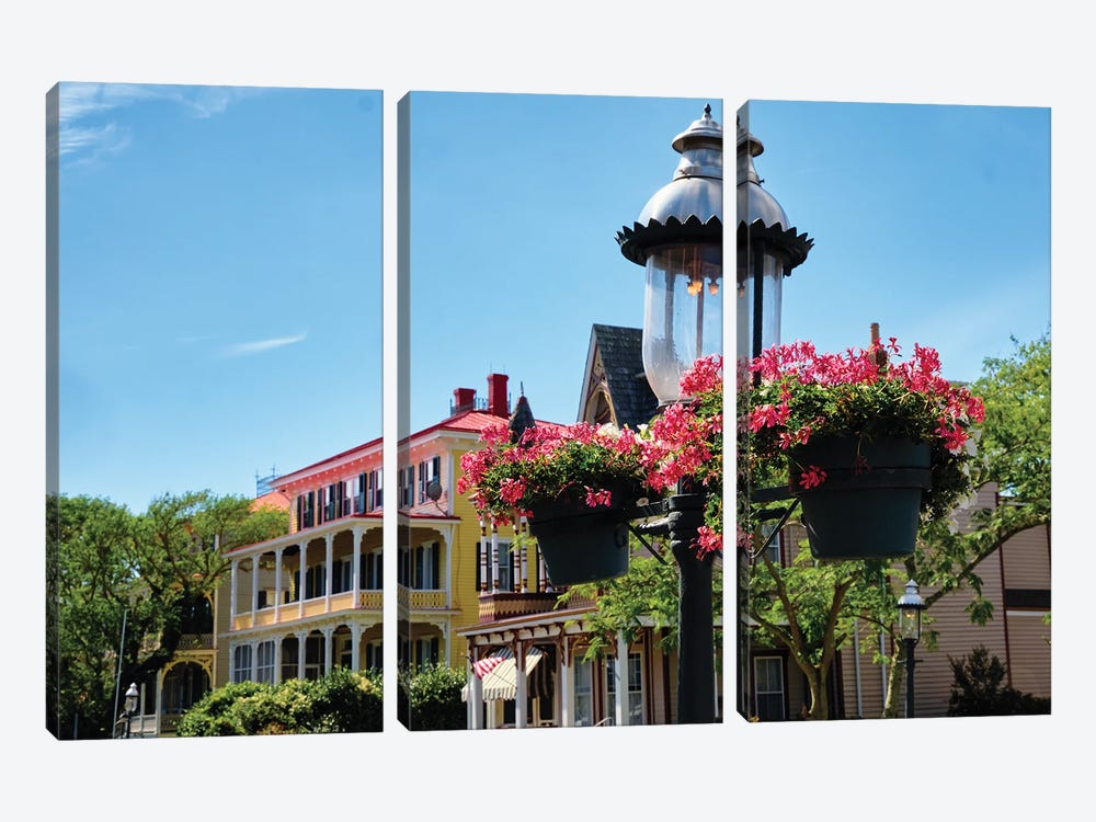 Gas Lamp With Red Potted Flowers On A Street, Cape May, New Jersey by George Oze 3-piece Canvas Wall Art