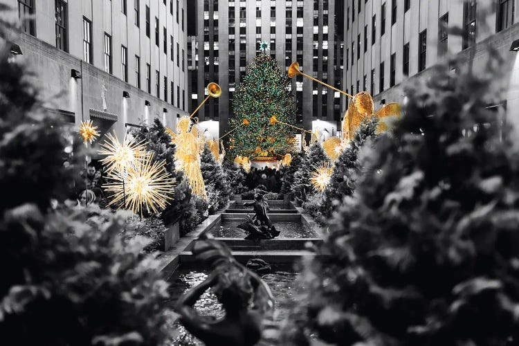 Christmas Tree With Trumpeting Angel Sculptures At  Rockefeller Center, New York City by George Oze wall art