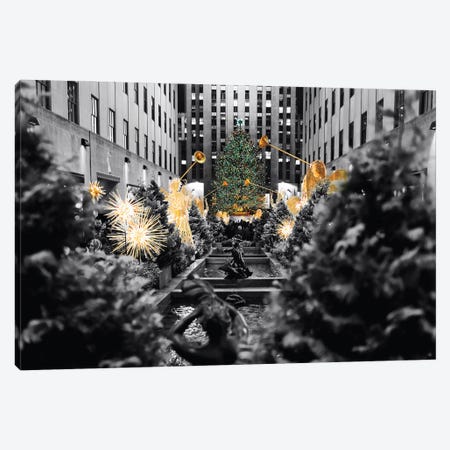 Christmas Tree With Trumpeting Angel Sculptures At  Rockefeller Center, New York City Canvas Print #GOZ645} by George Oze Canvas Art