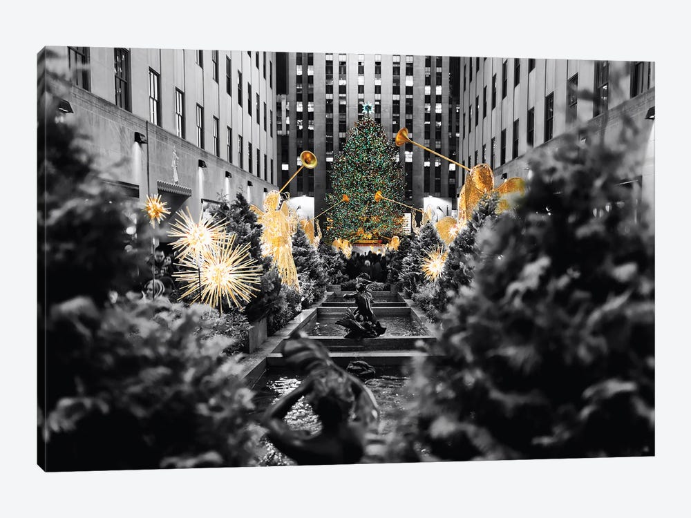 Christmas Tree With Trumpeting Angel Sculptures At  Rockefeller Center, New York City by George Oze 1-piece Canvas Artwork