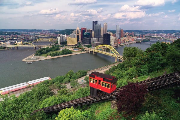 George Oze: Red Railway Car On The Duquesne Incline, Pittsburgh, Pennsylvania by George Oze