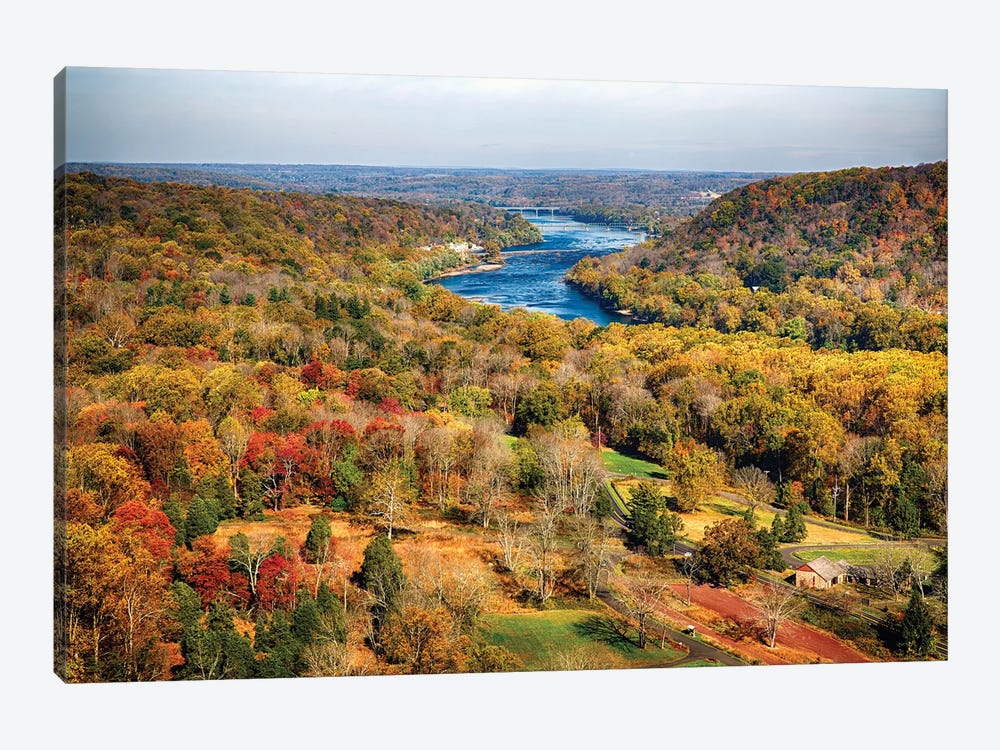 The Delaware River During  Fall  With The New Hope-Lambertville Bridges,  Pennsylvania by George Oze 1-piece Canvas Art Print