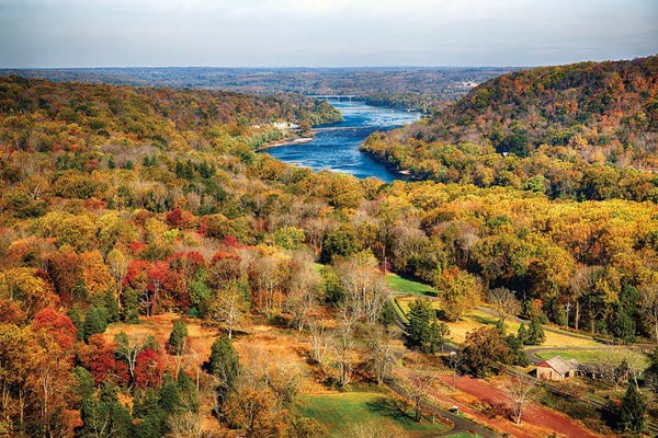 George Oze: The Delaware River During  Fall  With The New Hope-Lambertville Bridges,  Pennsylvania by George Oze