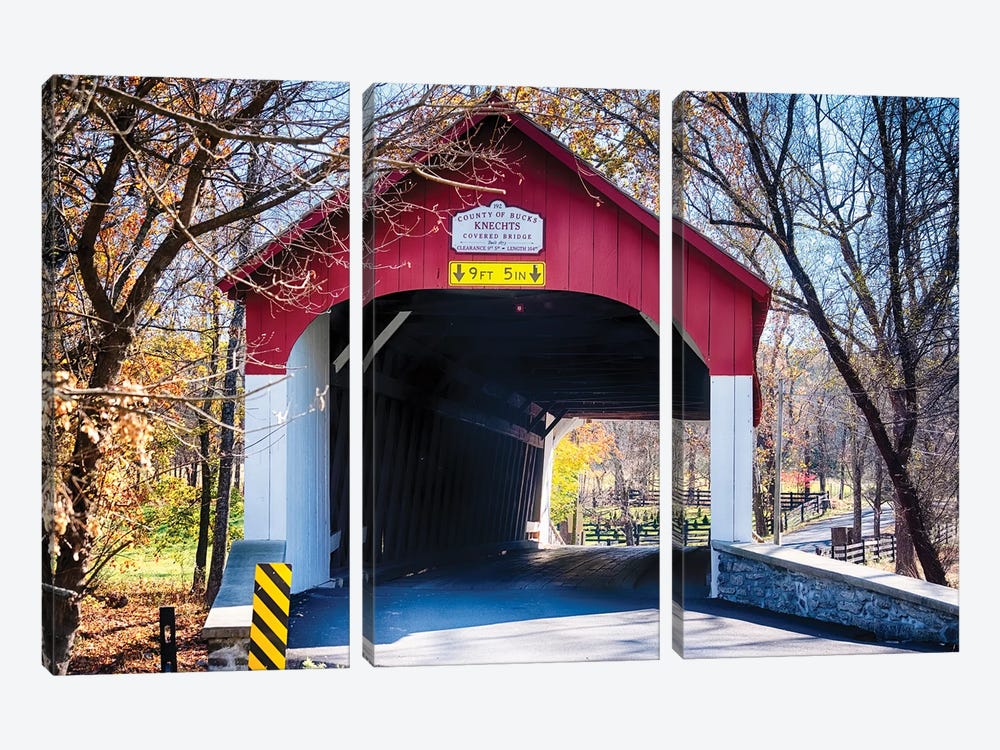 Knechts Covered Bridge Fall Scenic, Bucks County, Pennsylvania, USA by George Oze 3-piece Canvas Artwork
