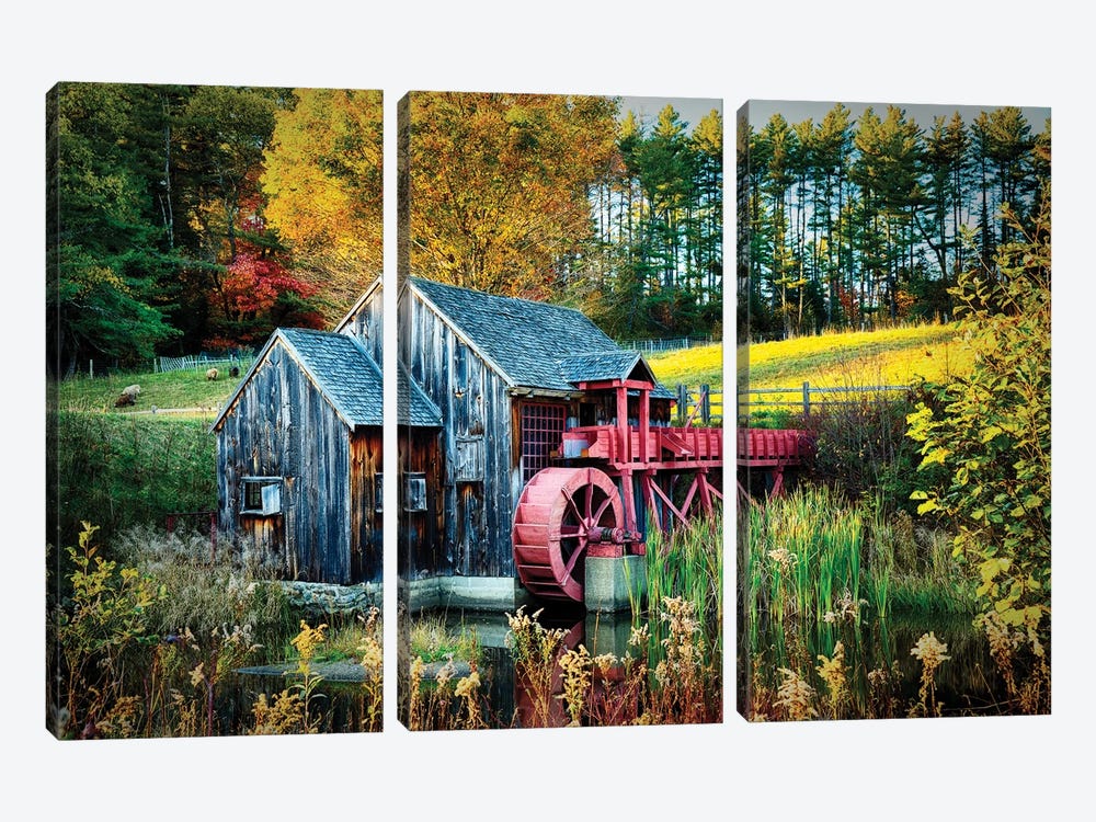 Little Grist Mill In Autumn Colors, Vermont by George Oze 3-piece Canvas Art