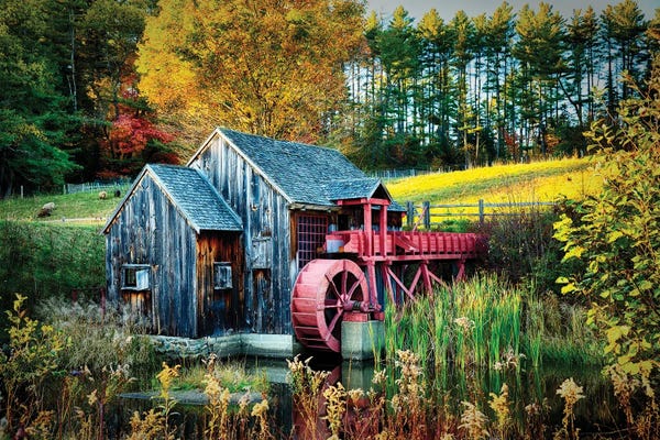 George Oze: Little Grist Mill In Autumn Colors, Vermont by George Oze