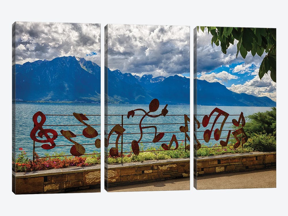 Lake Geneva Shoreline At Montreux, Switzerland by George Oze 3-piece Canvas Art Print