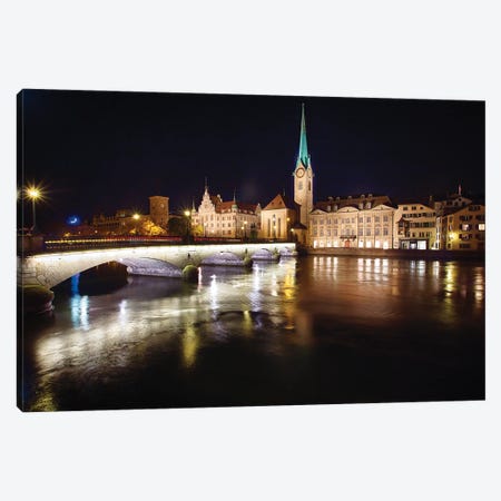 Nighttime View Of The Fraumunster Abbey With The Munster Bridge, Zurich, Switzerland Canvas Print #GOZ681} by George Oze Canvas Art Print