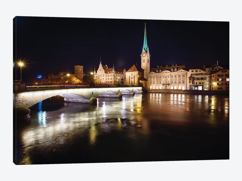 Nighttime View Of The Fraumunster Abbey With The Munster Bridge, Zurich, Switzerland by George Oze 1-piece Canvas Art