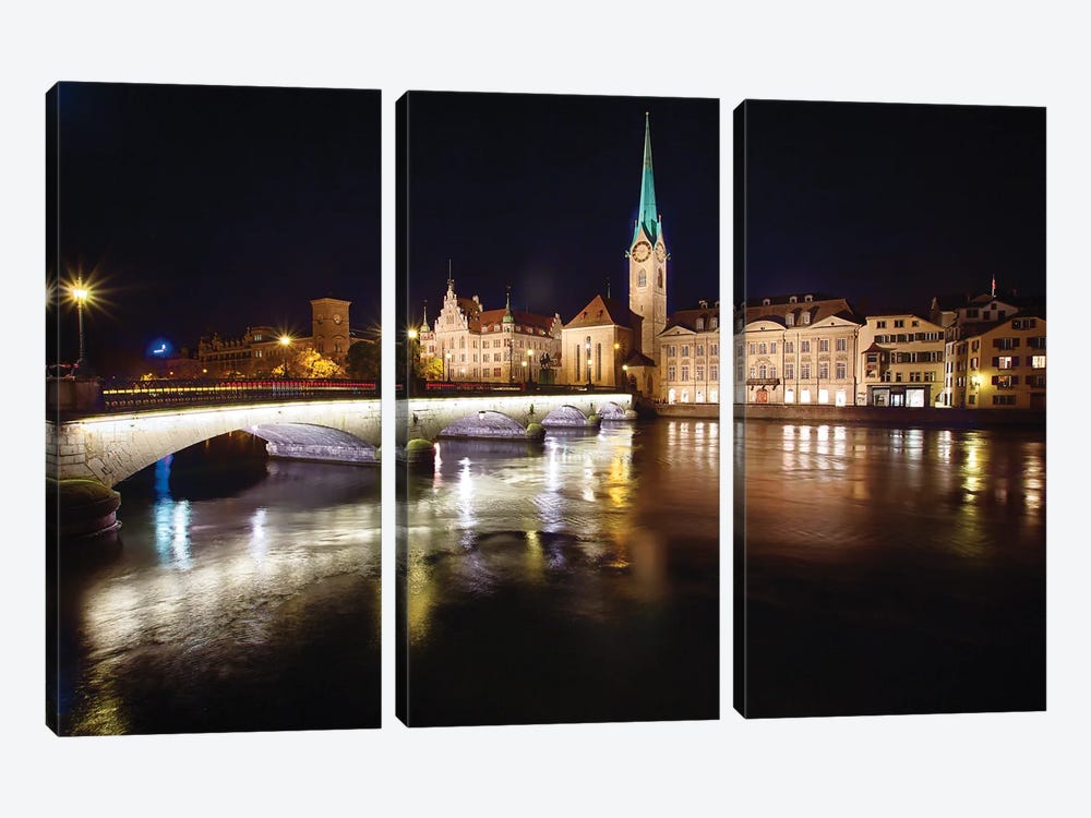 Nighttime View Of The Fraumunster Abbey With The Munster Bridge, Zurich, Switzerland by George Oze 3-piece Canvas Art