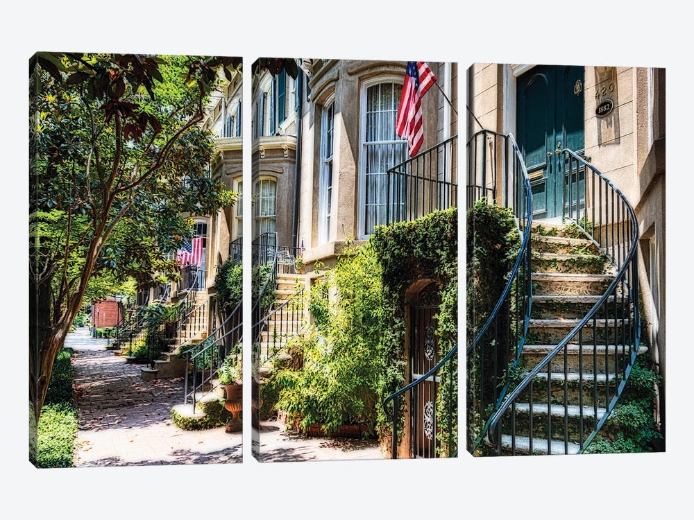 Savannah Street With Traditional House Entranmces, Georgia by George Oze 3-piece Canvas Artwork