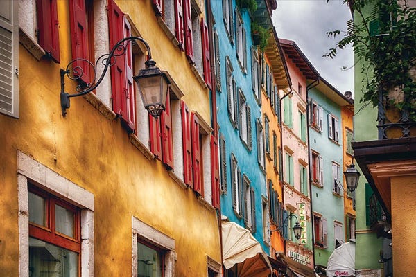 Low Angle View Of Colorful House Facades, Riva Del Garda, Lombardy, Italy