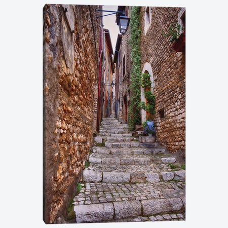 Narrow Cobblestone Alley In A Medieval Town With A Cheese Shop, Sermoneta, Latina, Italy Canvas Print #GOZ693} by George Oze Canvas Artwork