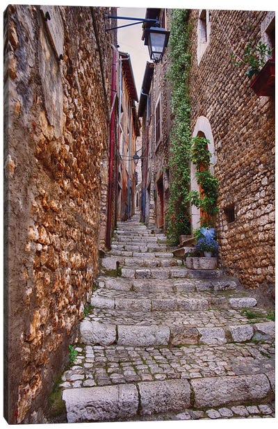Narrow Cobblestone Alley In A Medieval Town With A Cheese Shop, Sermoneta, Latina, Italy Canvas Art Print - Stairs & Staircases