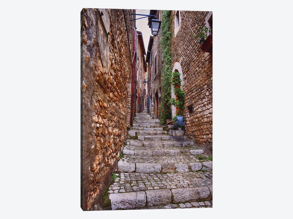 Narrow Cobblestone Alley In A Medieval Town With A Cheese Shop, Sermoneta, Latina, Italy by George Oze 1-piece Canvas Art Print