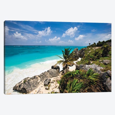 High Angle View Of A Rocky Tropical Coastline, Tulum, Quintana Roo, Yucatan, Mexico Canvas Print #GOZ699} by George Oze Canvas Artwork