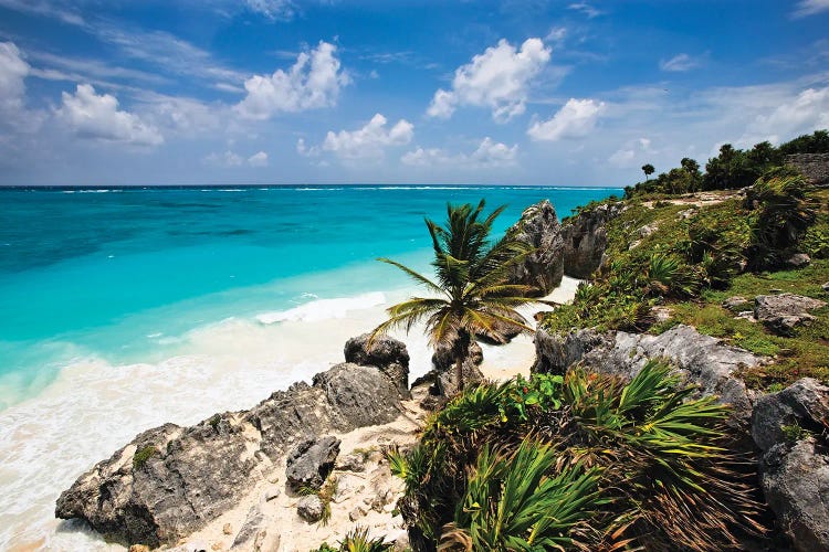 High Angle View Of A Rocky Tropical Coastline, Tulum, Quintana Roo, Yucatan, Mexico