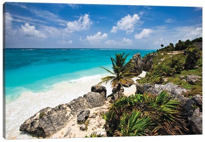 High Angle View Of A Rocky Tropical Coastline, Tulum, Quintana Roo, Yucatan, Mexico Canvas Art Print - George Oze