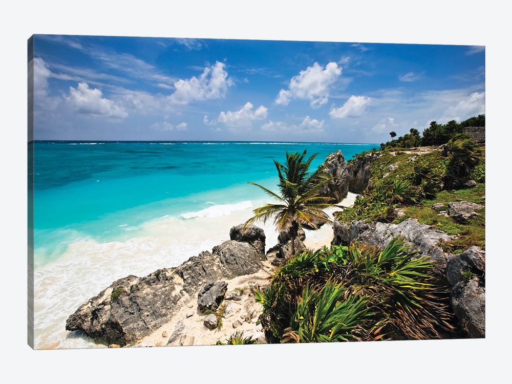 High Angle View Of A Rocky Tropical Coastline, Tulum, Quintana Roo, Yucatan, Mexico by George Oze 1-piece Canvas Print