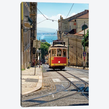 The Classic Tram 28 Climbing Up The Hill In The Amalfa District, Lisbon, Portugal Canvas Print #GOZ716} by George Oze Canvas Artwork
