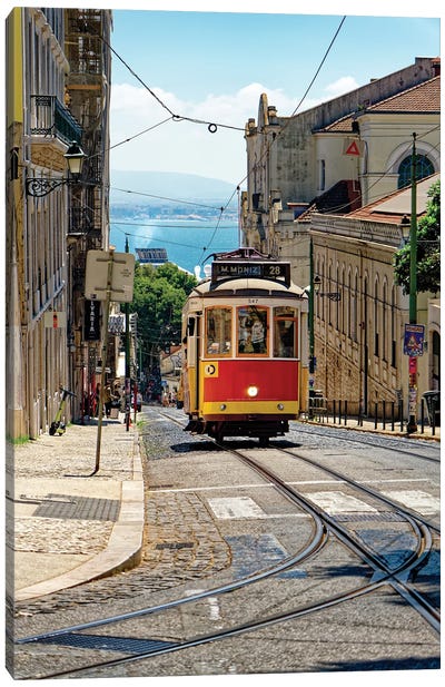 The Classic Tram 28 Climbing Up The Hill In The Amalfa District, Lisbon, Portugal Canvas Art Print - George Oze