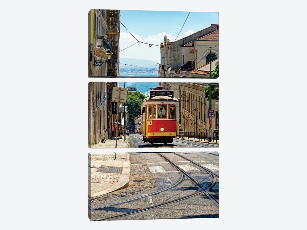 The Classic Tram 28 Climbing Up The Hill In The Amalfa District, Lisbon, Portugal by George Oze 3-piece Canvas Print