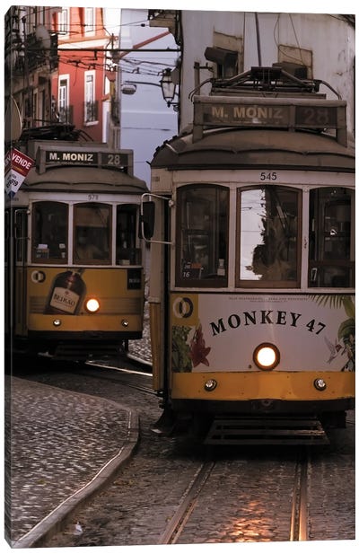 Vintage Trams In Lisbon Alfama District, Portugal Canvas Art Print - Portugal Art