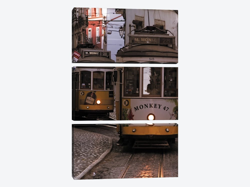 Vintage Trams In Lisbon Alfama District, Portugal by George Oze 3-piece Canvas Art