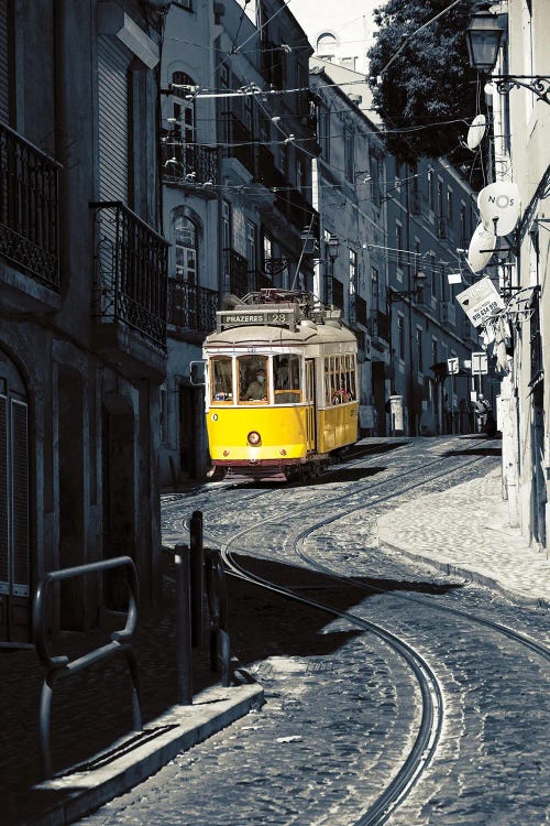 Yellow Tram No. 28 In Alfama District, Lisbon, Portugal by George Oze wall art