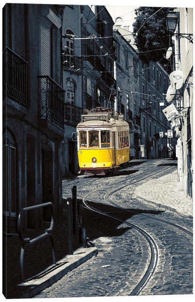 Yellow Tram No. 28 In Alfama District, Lisbon, Portugal Canvas Art Print - George Oze