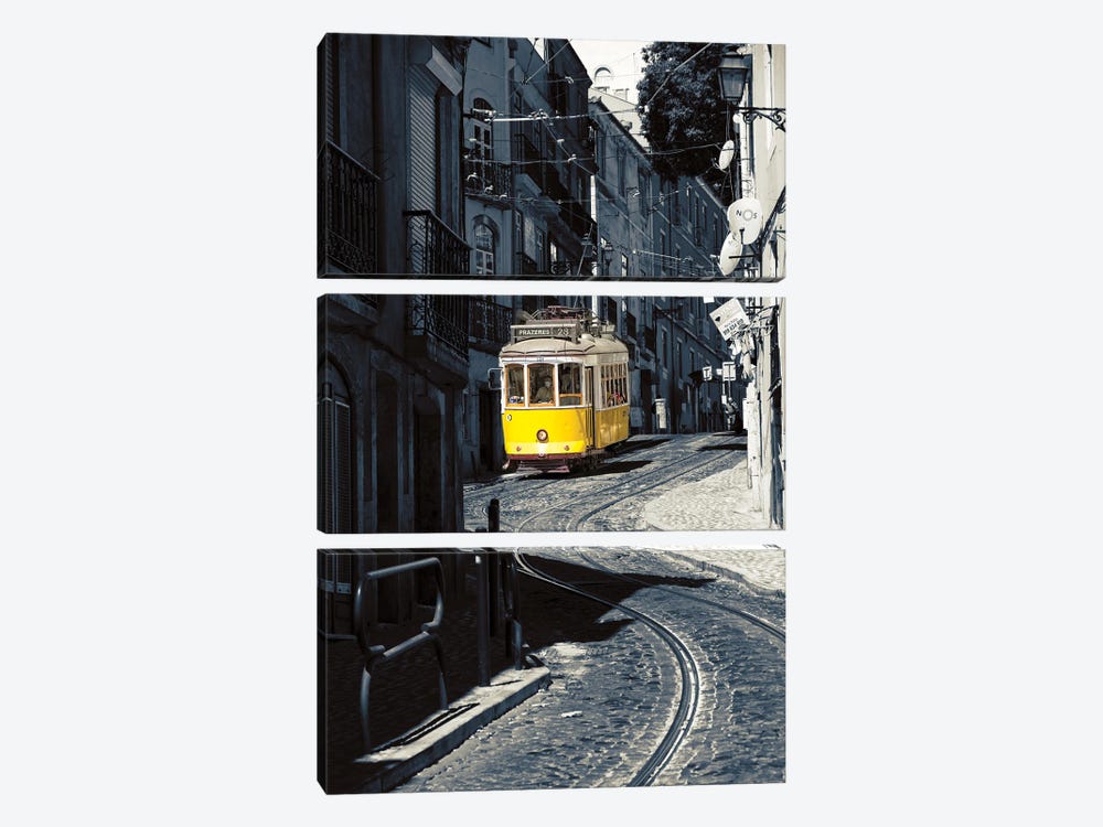 Yellow Tram No. 28 In Alfama District, Lisbon, Portugal by George Oze 3-piece Art Print