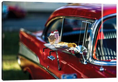 Ice Cream Sundaes And Hot Dogswith Fries In A Classic American Car Window Canvas Art Print - George Oze