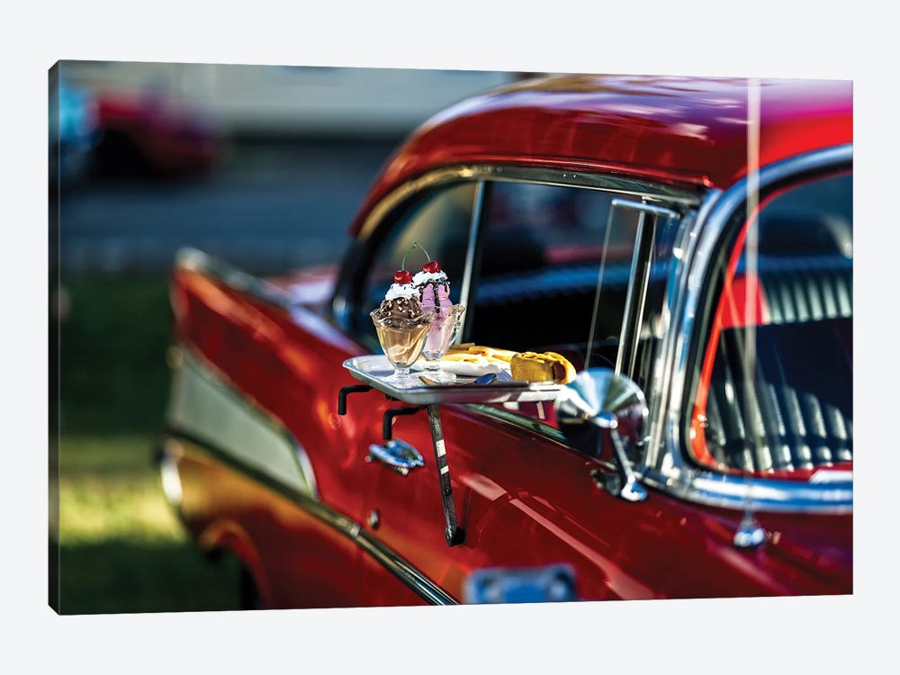Ice Cream Sundaes And Hot Dogswith Fries In A Classic American Car Window by George Oze 1-piece Canvas Art Print
