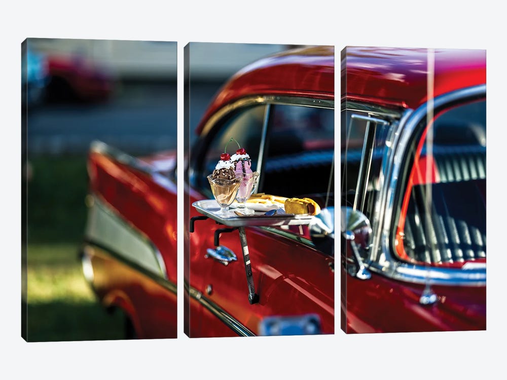 Ice Cream Sundaes And Hot Dogswith Fries In A Classic American Car Window by George Oze 3-piece Canvas Print