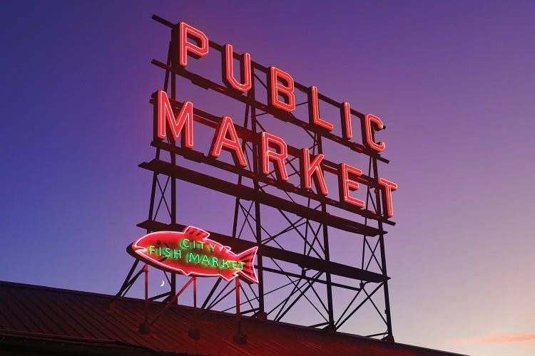 Pike Place Market Neon Signs At Dawn, Seattle