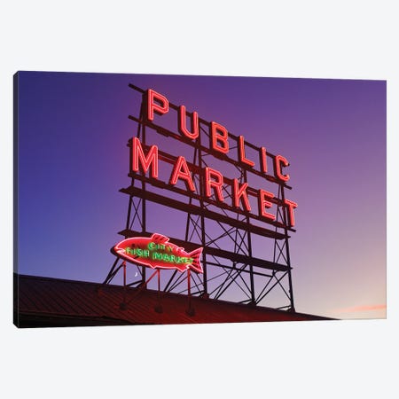 Pike Place Market Neon Signs At Dawn, Seattle Canvas Print #GOZ728} by George Oze Canvas Art