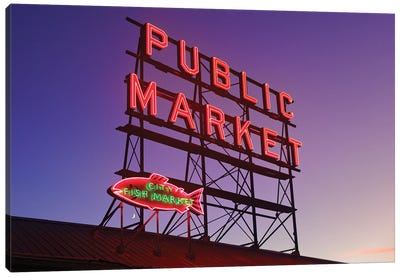 Pike Place Market Neon Signs At Dawn, Seattle Canvas Art Print - Seattle Art