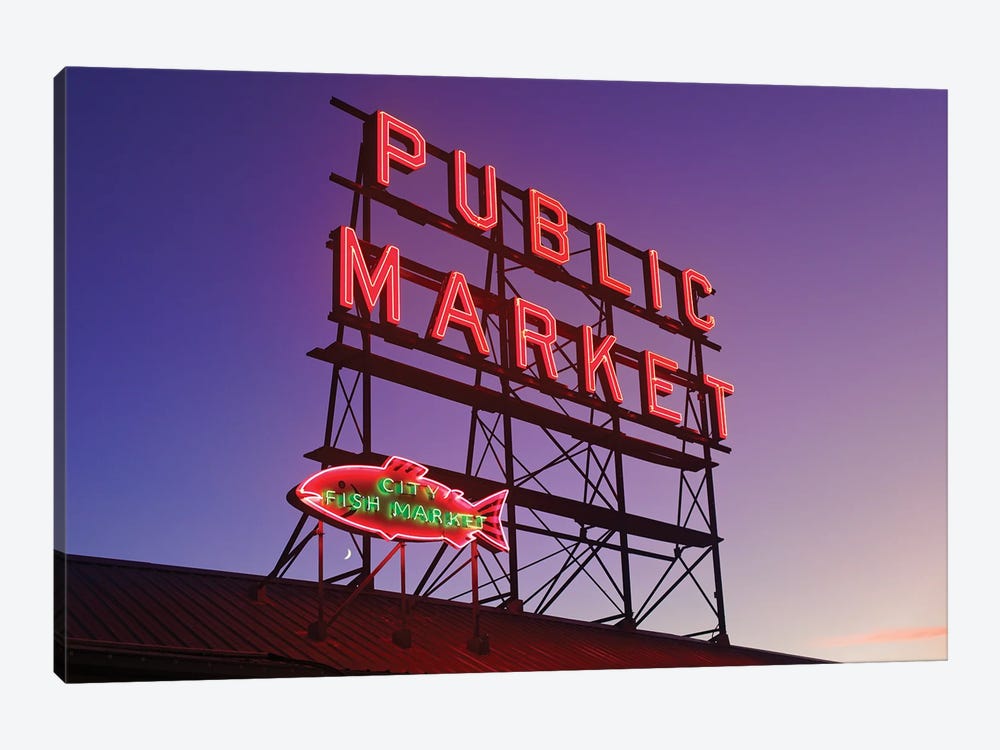Pike Place Market Neon Signs At Dawn, Seattle by George Oze 1-piece Canvas Artwork